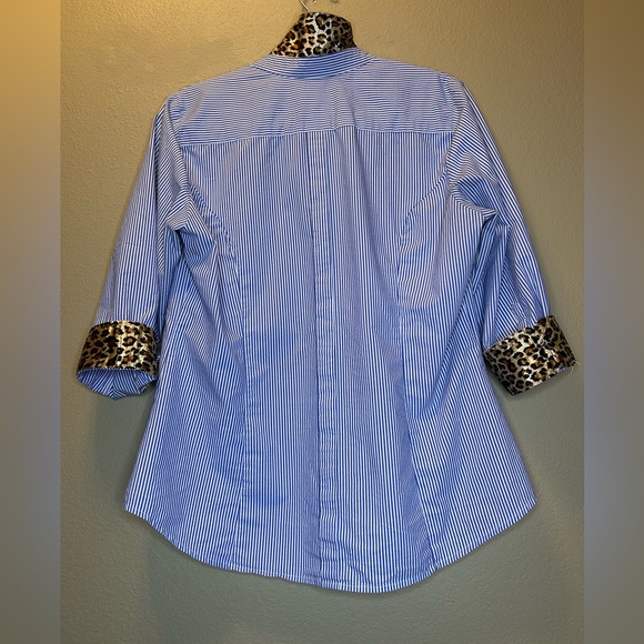 New Directions Blue and White Striped Button Up Shirt with Leopard Print Detai - Picture 2 of 5